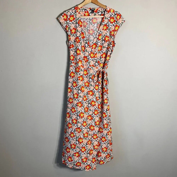 J.Crew Mercantile Short Sleeve Floral Midi Wrap Dress Women's XS Orange V-Neck - Picture 5 of 14